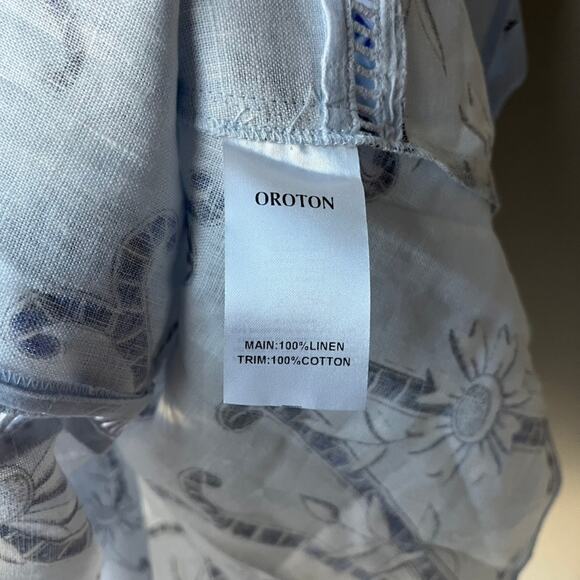 Oroton Dress Linen Lace Flower Smock Blue Floral Print Tie Neck Mini Dress 8 - Picture 9 of 10